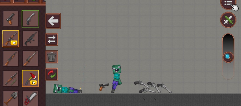 Block Sandbox scene featuring pixel art vehicles like trucks and tanks alongside armed stick