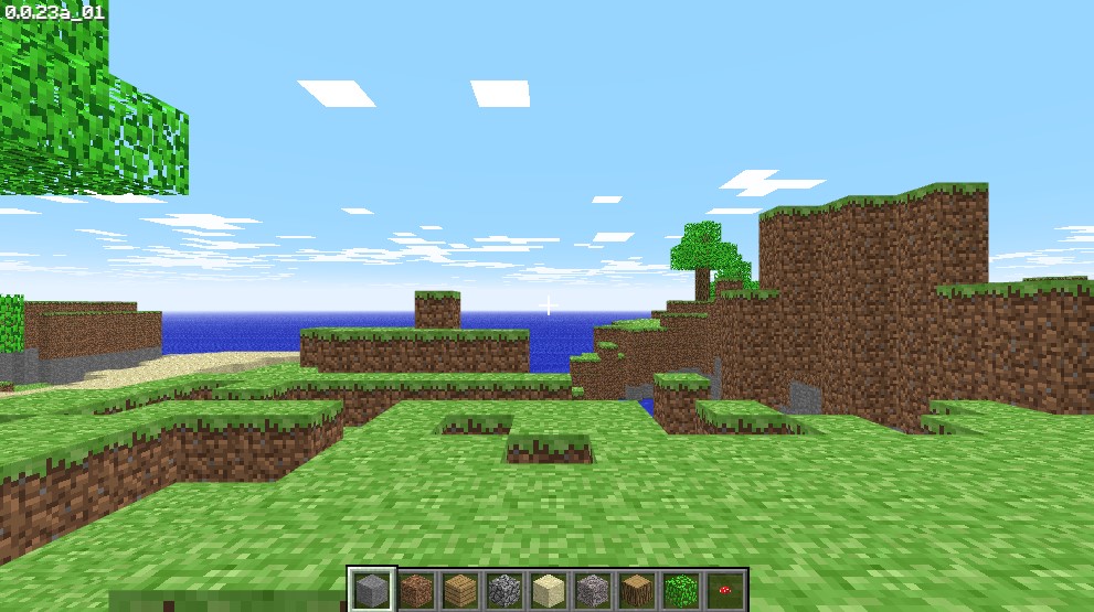 Minecraft gameplay showing a blocky open-world landscape with tree