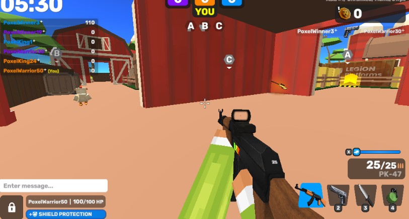 Pixel IO gameplay showing first-person shooting action on a voxel-style map