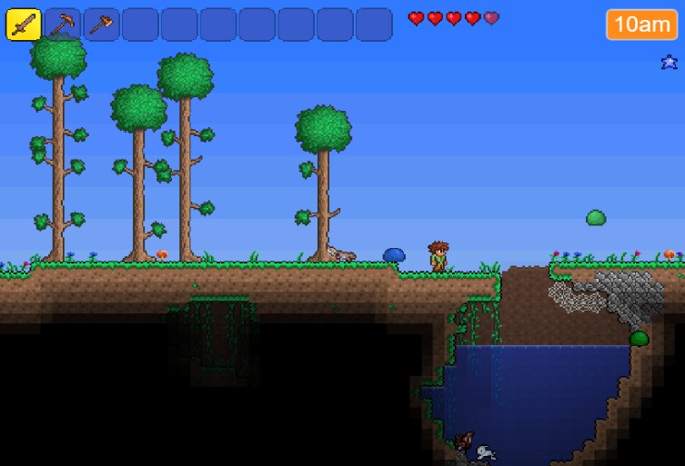 2D sandbox gameplay in Terraria showing mining and crafting mechanics.