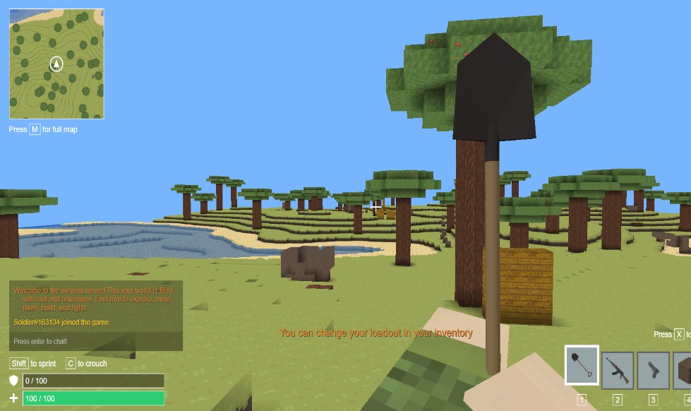 First-person combat scene in Voxiom with block-style terrain and enemy players.